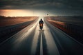 Motorcycle driver riding alone on asphalt motorway. AI generation