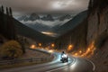 Motorcycle on dusk mountain road. Generative Ai