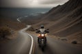 Motorcycle on dusk mountain road. Generative Ai