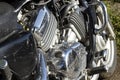 Motorcycle engine close-up, chrome motorcycle parts Royalty Free Stock Photo