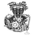 Motorcycle engine hand drawn sketch engraving style logo Royalty Free Stock Photo