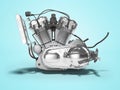 Motorcycle engine isolated left view 3d render on blue background with shadow Royalty Free Stock Photo