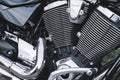 Motorcycle engine. Motor motorbike from chrome metal. Transportation detail concept Royalty Free Stock Photo