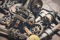 Motorcycle engine part , old Transmission Gears on rusty background . selective focus