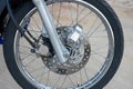 Motorcycle front wheel, tire, brake Royalty Free Stock Photo