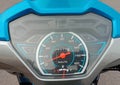 Motorcycle gauge display velocity and fuel closeup.