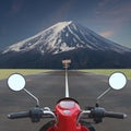 Motorcycle go to volcano and wooden sign in turn left and right. Royalty Free Stock Photo