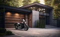 Motorcycle Haven with Modern Garage Doors. Generative AI