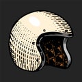 Motorcycle helmet. Retro casque for motor bicycle. Hand drawn engraved monochrome sketch for racer, labels or posters