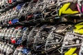 Motorcycle helmets displayed on a wall of a motorsports retailer Royalty Free Stock Photo