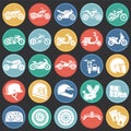 Motorcycle icons set on color circles black background for graphic and web design, Modern simple vector sign. Internet concept.