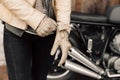 Motorcycle kaferacers. Girl dress leather gloves. Beige leather gloves. Gloves for motorcycle riding.