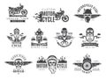 Motorcycle labels. Biker badges with speed symbols engine motor race chopper skull and fire vector pictures collection