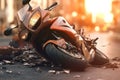 A motorcycle lays on the ground after being hit by a car in the middle of a city street. Road accident concept. Generative AI Royalty Free Stock Photo