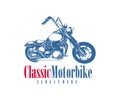 Motorcycle monochrome emblems, logo and motorbike badges with descriptions of custom bikes, classic garage. vector illustration Royalty Free Stock Photo