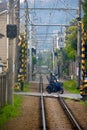 Motorcycle motor bike running cross the railroad at Kamakura