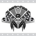 Motorcycle motor between crossed raced flags and indian feather. Vintage motorcycle design