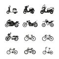 Motorcycle, motorbike, scooter, chopper and bicycle vector silhouette icons