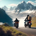 Motorcycle, mountain and couple on road for travel adventure, freedom and enjoying weekend together. Love, travelling mockup and