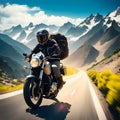 Motorcycle, mountain and couple on road for travel adventure, freedom and enjoying weekend together. Love, travelling mockup and