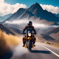 Motorcycle, mountain and couple on road for travel adventure, freedom and enjoying weekend together. Love, travelling mockup and