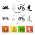 Motorcycle, mountain skiing, biking, surfing with a sail.Extreme sport set collection icons in black, flat, monochrome