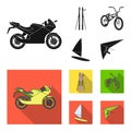 Motorcycle, mountain skiing, biking, surfing with a sail.Extreme sport set collection icons in black, flat style vector