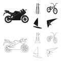 Motorcycle, mountain skiing, biking, surfing with a sail.Extreme sport set collection icons in black,outline style