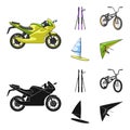 Motorcycle, mountain skiing, biking, surfing with a sail.Extreme sport set collection icons in cartoon,black style