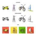 Motorcycle, mountain skiing, biking, surfing with a sail.Extreme sport set collection icons in cartoon,flat,monochrome Royalty Free Stock Photo