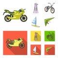 Motorcycle, mountain skiing, biking, surfing with a sail.Extreme sport set collection icons in cartoon,flat style vector Royalty Free Stock Photo