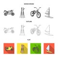 Motorcycle, mountain skiing, biking, surfing with a sail.Extreme sport set collection icons in flat,outline,monochrome Royalty Free Stock Photo