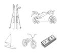 Motorcycle, mountain skiing, biking, surfing with a sail.Extreme sport set collection icons in outline style vector