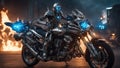 motorcycle in the night A burning demon skeleton knight who has been corrupted by a virus that turns him into a cyborg.