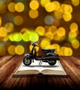 Motorcycle on open book, Travel with motobike story