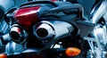 Motorcycle pair exhaust pipes, mufflers close-up