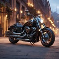 a motorcycle parked on a city street near buildings at dusk