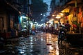 a motorcycle is parked in the middle of a wet street