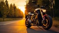 Stunning Black Motorcycle Parked In Front Of Tree And Sunset