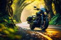 Motorcycle parked on the side of road in the middle of forest filled with trees. Generative AI