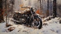 Snow-covered Motorcycle: An Earthy And Atmospheric Oil Painting Royalty Free Stock Photo