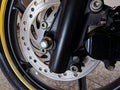Motorcycle part series. Front wheel close up