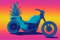 Motorcycle with a pineapple, 80s retrowave style, summer holiday feeling, vibrant colours, generative ai