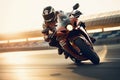 Motorcycle racer riding a bike on a race track close up. Extreme motorbike racing concept on a race track area. Realistic race