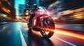 Motorcycle racer speeding through neon track in glowing city at warp speed in blurred motion Royalty Free Stock Photo