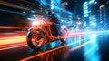 Motorcycle racer speeding through neon track in glowing city at warp speed in blurred motion Royalty Free Stock Photo