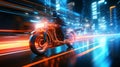 Motorcycle racer speeding through neon track in glowing city at warp speed in blurred motion Royalty Free Stock Photo