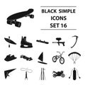 Motorcycle racing, downhill skiing, jumping, parachuting and other sports. Extreme sports set collection icons in black