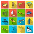 Motorcycle racing, downhill skiing, jumping, parachuting and other sports. Extreme sports set collection icons in flat