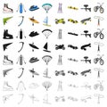 Motorcycle racing, downhill skiing, jumping, parachuting and other sports. Extreme sports set collection icons in